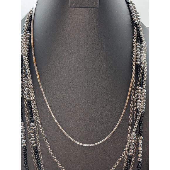 Lot of 3 Black & Metallic Beaded Silver Tone & Black Metal Layered Necklaces - Picture 5 of 9